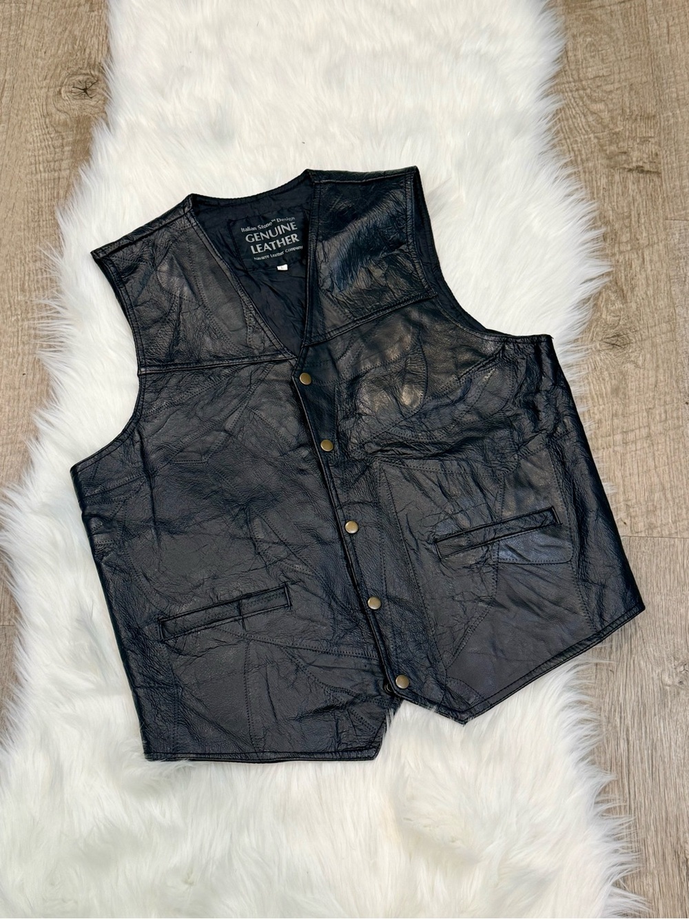 Black Genuine Leather Snap-Front Vest